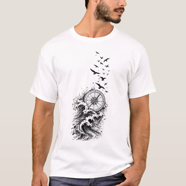 Ocean Kompass Fåglar Våg Äventyrs T-Shirt (Framsida)