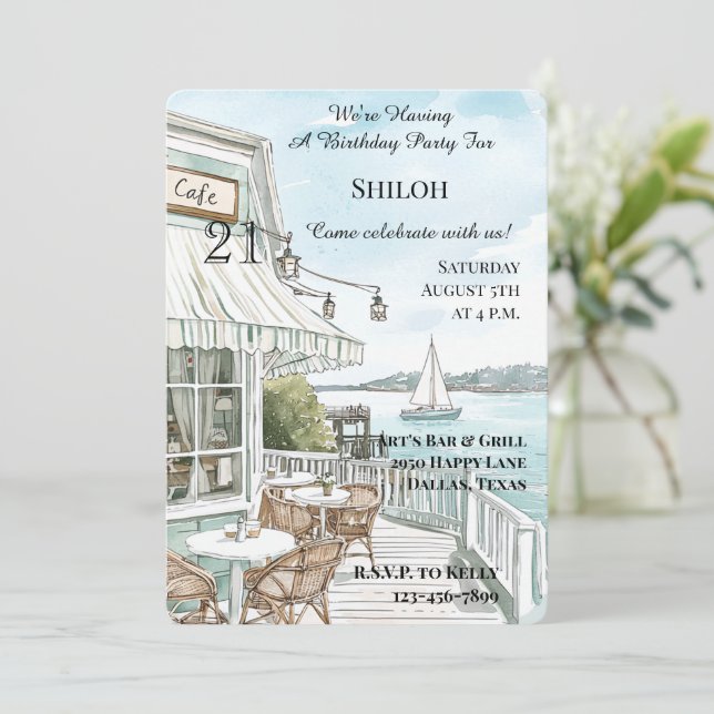 Ocean Kusten Cafe Birthday Inbjudningar (Stående Fram)