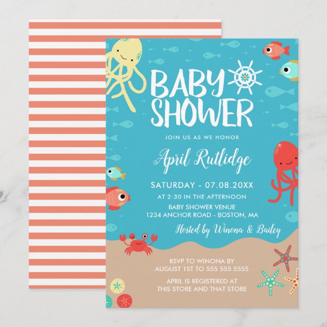 Ocean Life Nautical Baby Shower Inbjudningar (Fram/baksida)