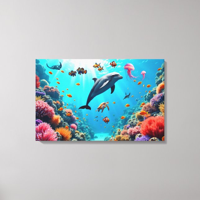 Ocean Life with Dolphin and Coral Reef Canvastryck (Framsida)