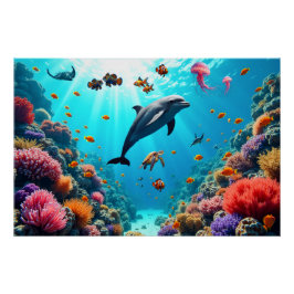 Ocean Life with Dolphin and Coral Reef Poster Perfect Poster
