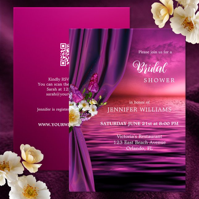 Ocean Lila Boho Butterfly Möhippa Inbjudningar (Bridal shower invitation featuring roses with butterflies on a purple curtain overlooking an ocean)