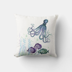 Ocean Octopus Indigo Blue Mauve Grönt Underwater Kudde