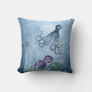 Ocean Octopus Indigo Blue Mauve Grönt Underwater T Kudde