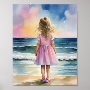 Ocean Ögon Beach Girl Watercolor Poster