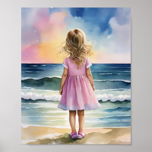 Ocean Ögon Beach Girl Watercolor Poster (Framsidan)