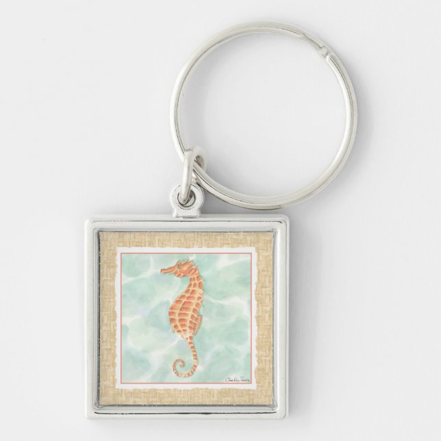 Ocean Orange Seahorse Fyrkantig Silverfärgad Nyckelring (Framsidan)