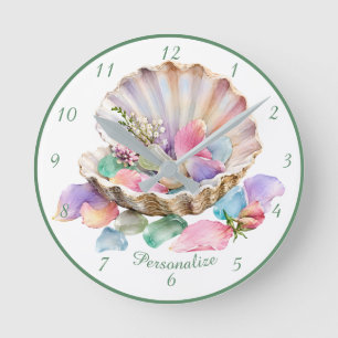 Ocean Pearl Blossom Pastell Skal Blomster Design Rund Klocka
