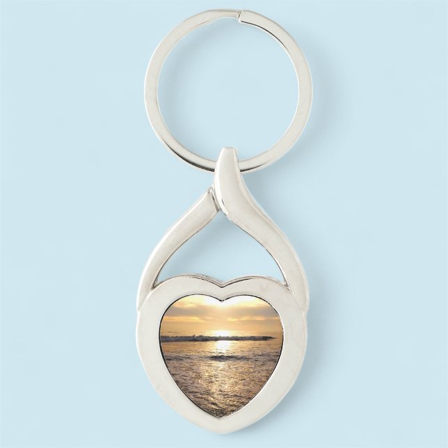 Ocean Photo Heart Shape Keychain, Anpassade Twisted Heart Silverfärgad Nyckelring (MISOOK Heart Photo Keychain with Ocean)