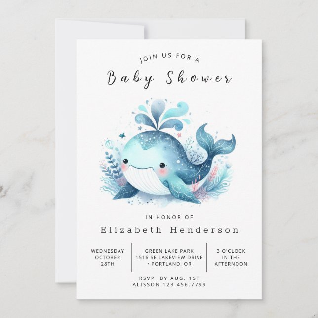 Ocean Printable Whale Baby Shower Inbjudningar (Framsida)
