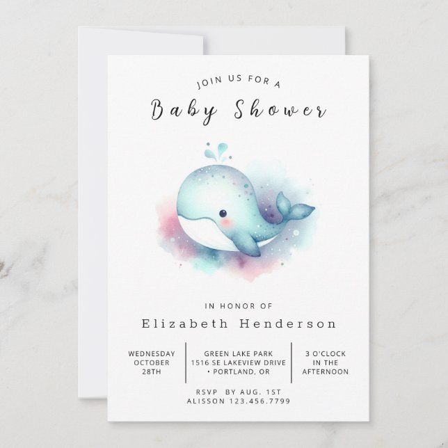 Ocean Printable Whale Baby Shower Inbjudningar (Framsida)