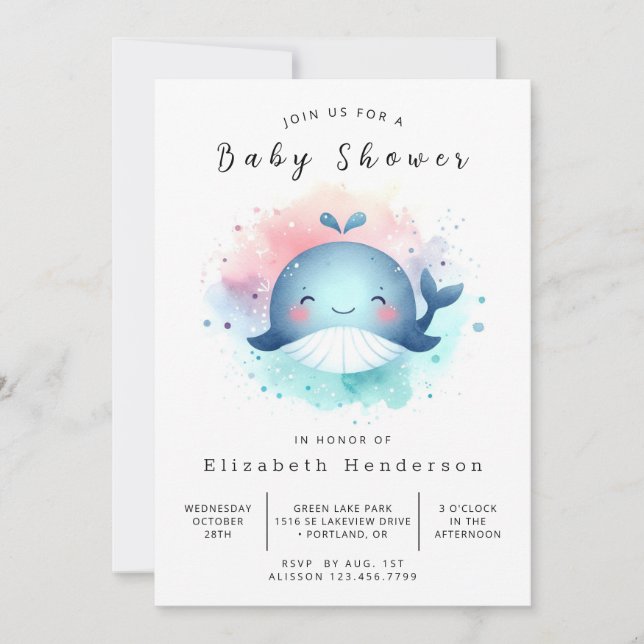 Ocean Printable Whale Baby Shower Inbjudningar (Framsida)