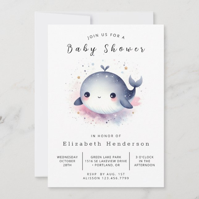 Ocean Printable Whale Baby Shower Inbjudningar (Framsida)