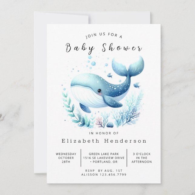 Ocean Printable Whale Baby Shower Inbjudningar (Framsida)