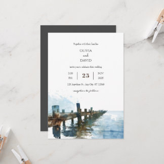 Ocean Rustic Wooden Pier Watercolor Beach Wedding Inbjudningar