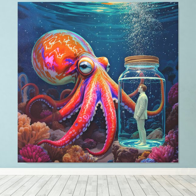 ’Ocean’s Silent Captive’ - Octopus Porträtt Canvastryck (Insitu (trägolv))