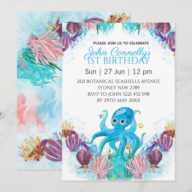 Ocean Sea Colorful Boy Octopus Birthday Inbjudningar (Fram/baksida)