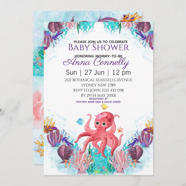 Ocean Sea Colorful Rosa Octopus Baby Shower Inbjudningar (Fram/baksida)