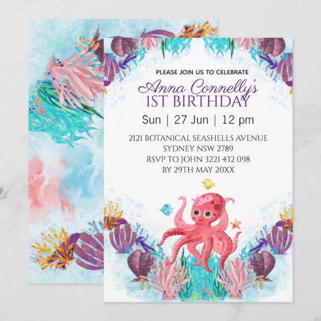 Ocean Sea Colorful Rosa Octopus Birthday Inbjudningar (Fram/baksida)