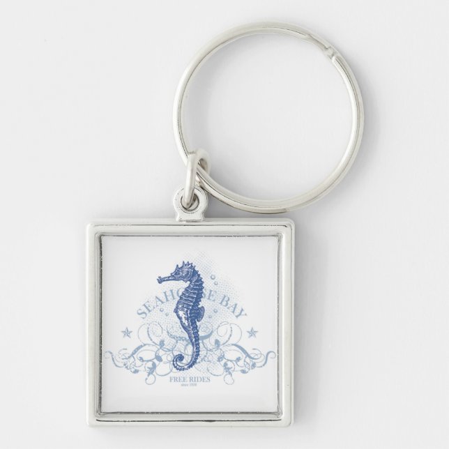 Ocean Sea Horse Vatten Salt Wate Monogram Nyckelri Fyrkantig Silverfärgad Nyckelring (Framsidan)