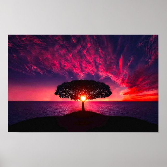 Ocean Sea Träd Lila Sunset Add Namn Poster (Framsidan)