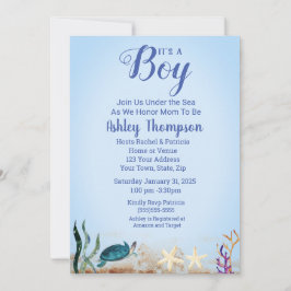 Ocean Sea Turtle Blue Boys Starfish Baby Shower Inbjudningar