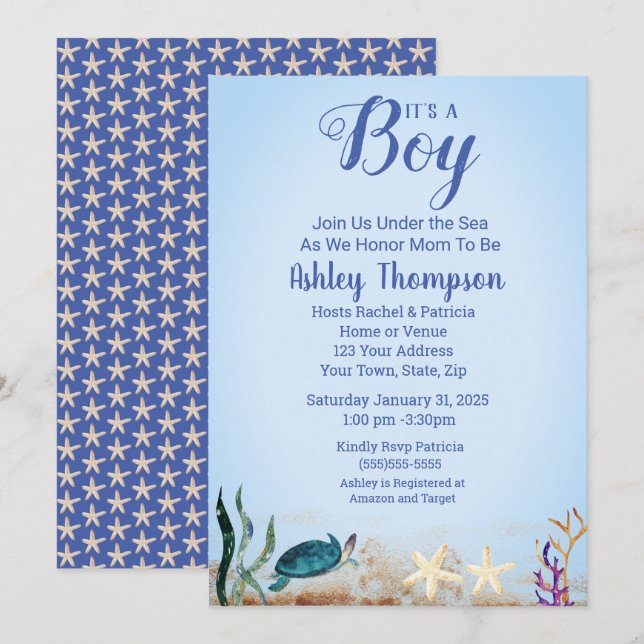 Ocean Sea Turtle Blue Boys Starfish Baby Shower Inbjudningar (Fram/baksida)