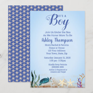 Ocean Sea Turtle Blue Boys Starfish Baby Shower Inbjudningar
