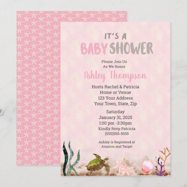 Ocean Sea Turtle Rosa Girls Starfish Baby Shower Inbjudningar (Fram/baksida)