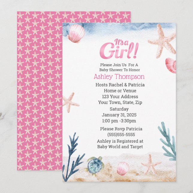 Ocean Sea Turtle Rosa Girls Starfish Baby Shower Inbjudningar (Fram/baksida)