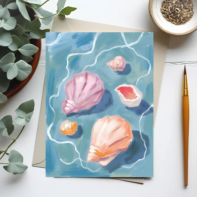 Ocean Seashells Pastel Watercolor Coastal Card (Skapare uppladdad)