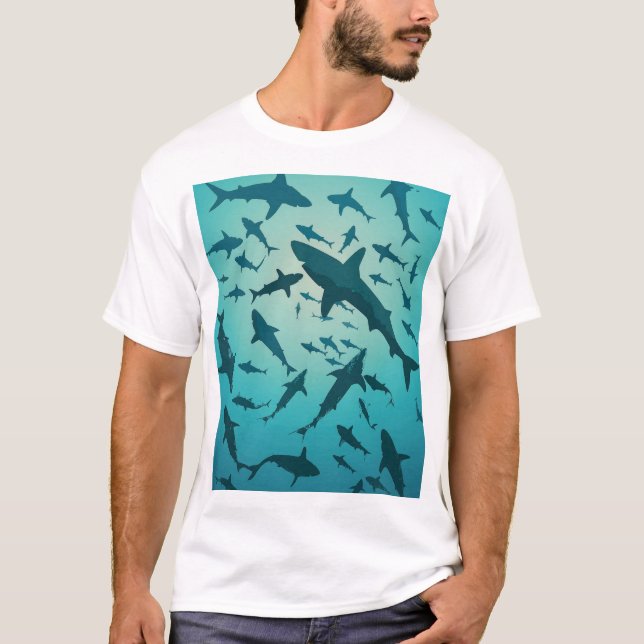 Ocean Shark Silhouettes Blue Background T-Shirt (Framsida)