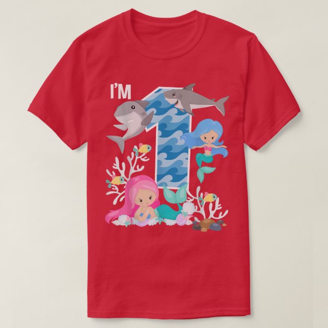 Ocean Sharks and Mermaids 1st Birthday 1 Year Old  T Shirt (Design framsida)