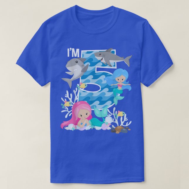 Ocean Sharks and Mermaids 5th Birthday 5 Year Old  T Shirt (Design framsida)