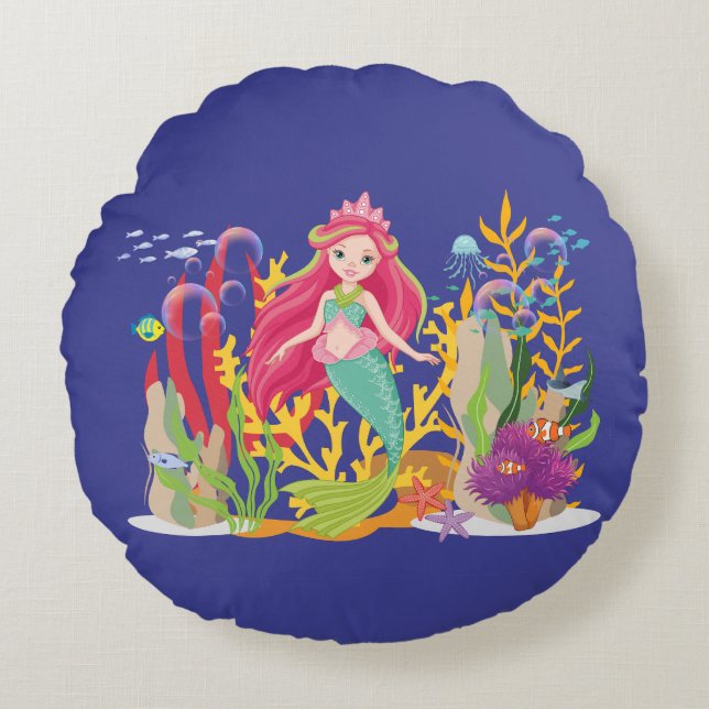 Ocean Siren: Long Red Hair Rund Kudde (Framsidan)