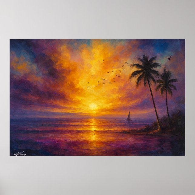 Ocean Solnedgångs Escape - Levande himmel med sege Poster (Framsidan)