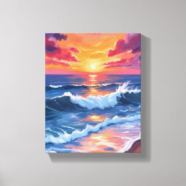 Ocean Sunset Beach Waves Watercolor Canvastryck (Framsida)