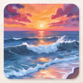 Ocean Sunset Beach Waves Watercolor Underlägg Papper Kvadrat
