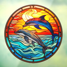 Ocean Sunset Dolphins Jumping Faux Stached Glass