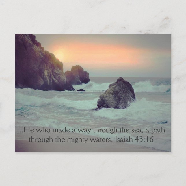 Ocean Sunset Rocky Seashore Christian Bible Verse Vykort (Framsida)
