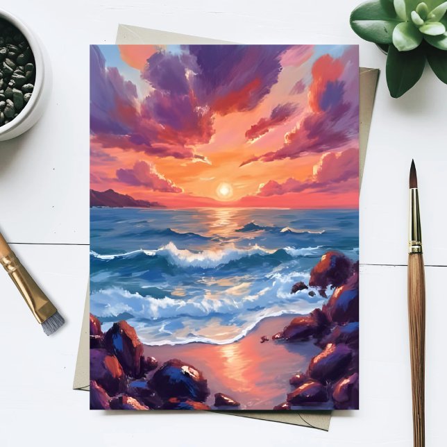 Ocean Sunset Watercolor Beach Coastal Vykort (Skapare uppladdad)