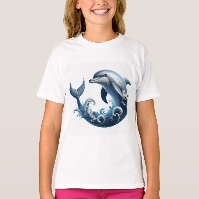 "Ocean Symphony Dolphin Print T-Shirt" T Shirt (Framsida)