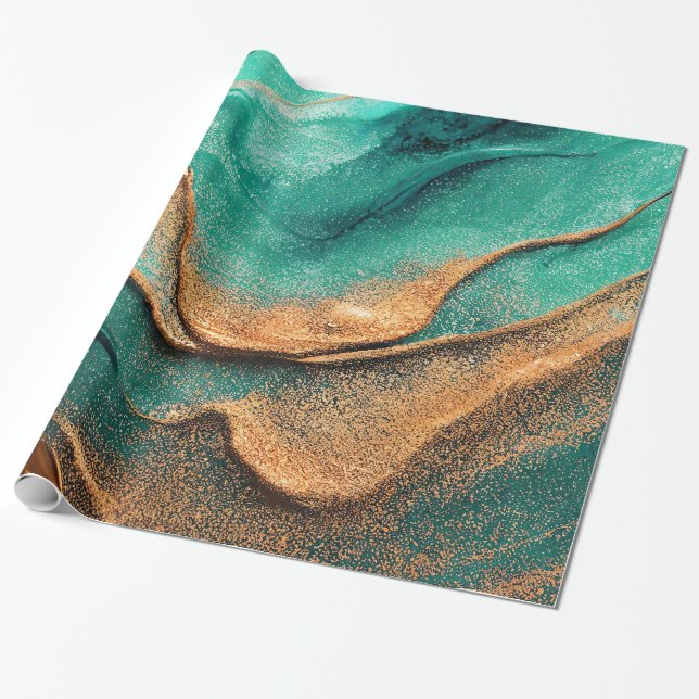 Ocean Teal and Bronze Abstrakt Art Presentpapper (Utrullad)