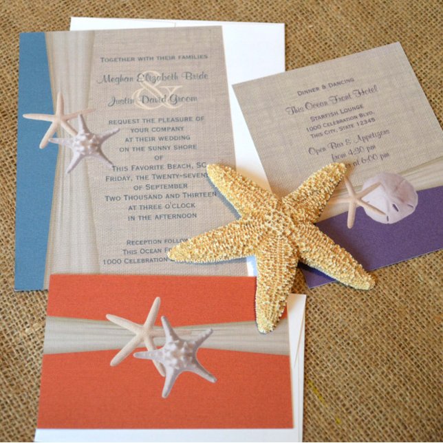 Ocean Teal Burlap och Starfish Beach Wedding Inbjudningar (Skapare uppladdad)