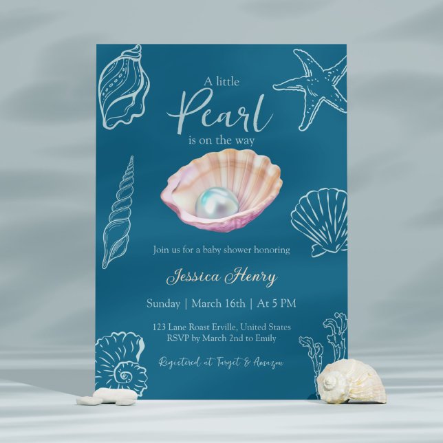 Ocean Teal Little Pearl on the Way Baby Shower Inbjudningar (Skapare uppladdad)