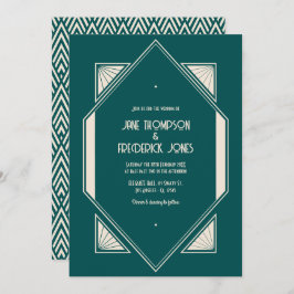 Ocean Teal & Pale Sand Art Deco Wedding Photo Inbjudningar