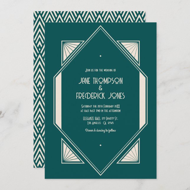 Ocean Teal & Pale Sand Art Deco Wedding Photo Inbjudningar (Fram/baksida)