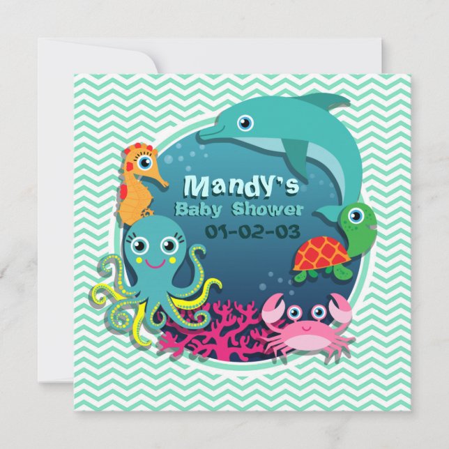 Ocean Theme Baby Shower; Aqua Grönt Chevron Inbjudningar (Framsida)