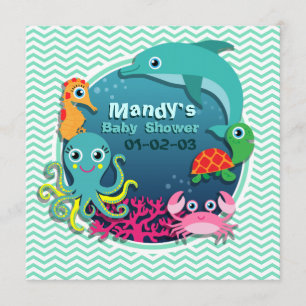 Ocean Theme Baby Shower; Aqua Grönt Chevron Inbjudningar