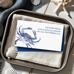 Ocean Theme Blue Crab Beach Watercolor Coastal Visitkort